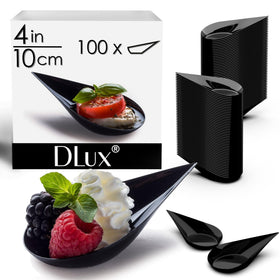 DLux reusable black spoons paired with desserts for sleek catering displays