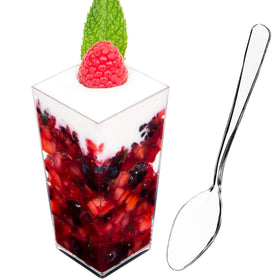 DLux square tall mini dessert cups showcasing elegant party desserts