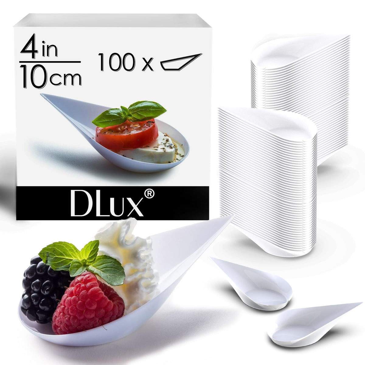 DLux white plastic spoons ideal for tasting portions and soups