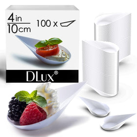 DLux white plastic spoons ideal for tasting portions and soups