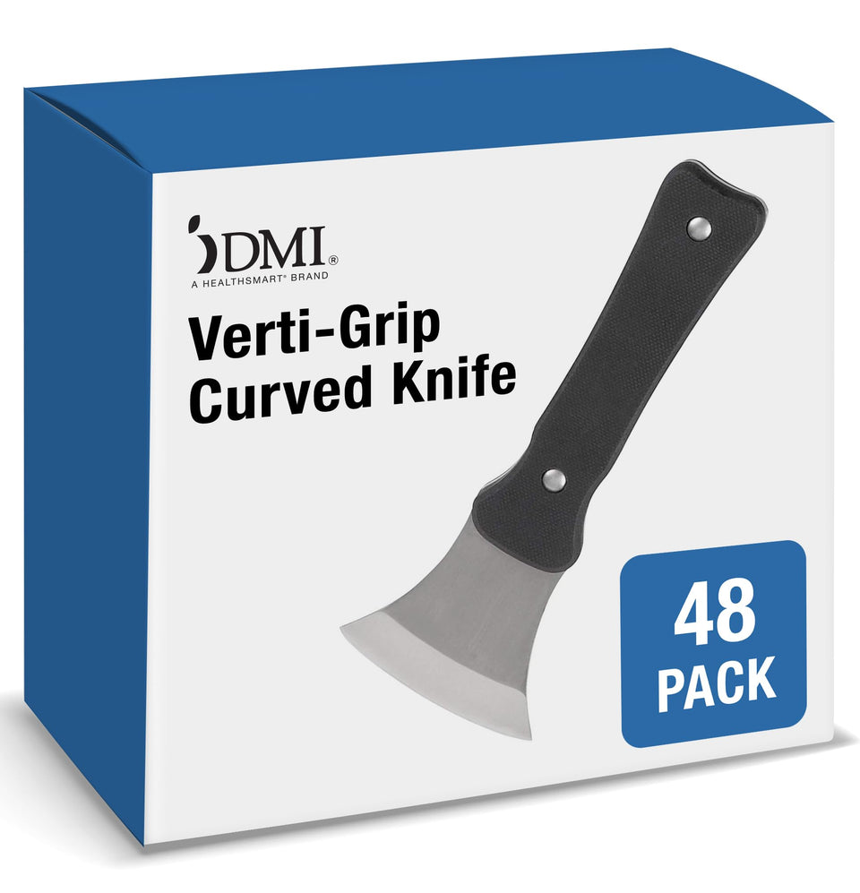 DMI rocker knife with vertical grip enhances control for limited hand strength.