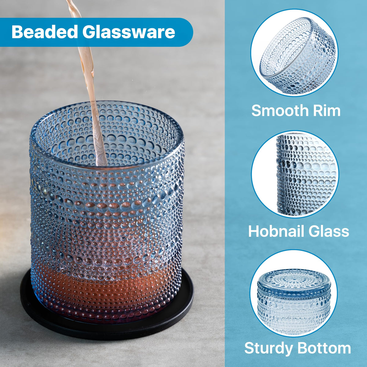 DmmyAlzx hobnail blue glass set on table for elegant serving.