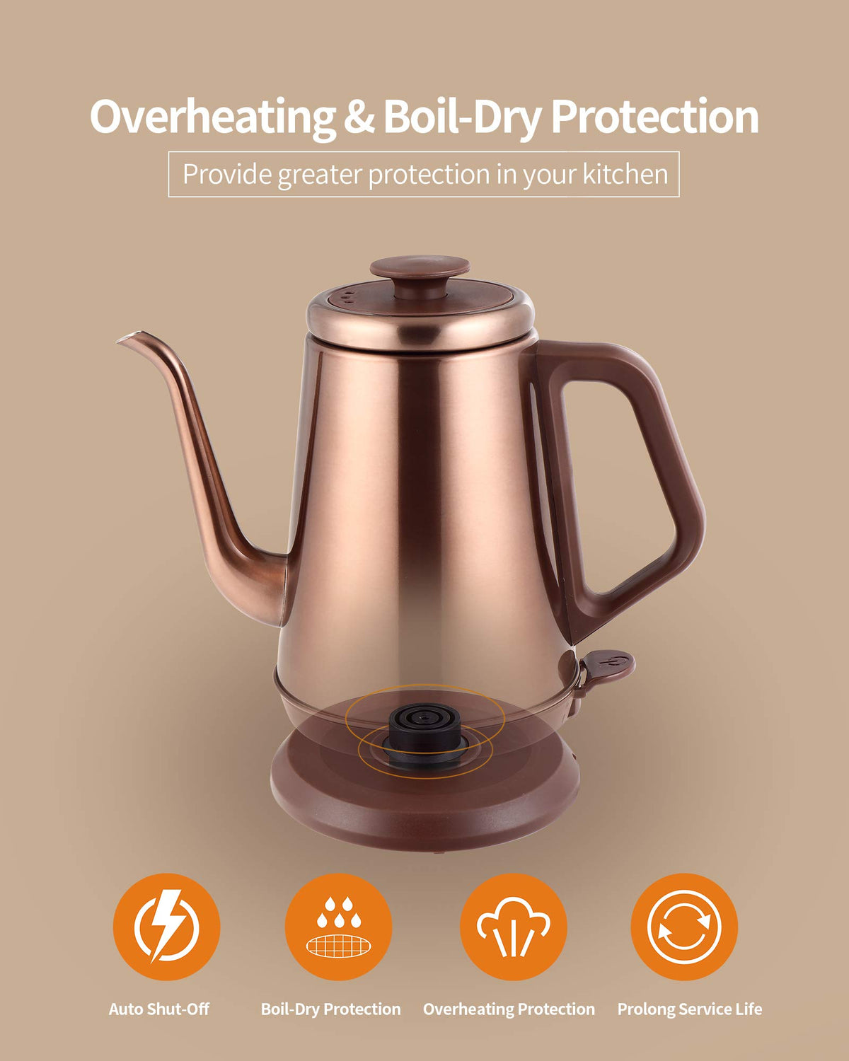 Cool-touch handle on the DmofwHi gooseneck kettle for safe pouring