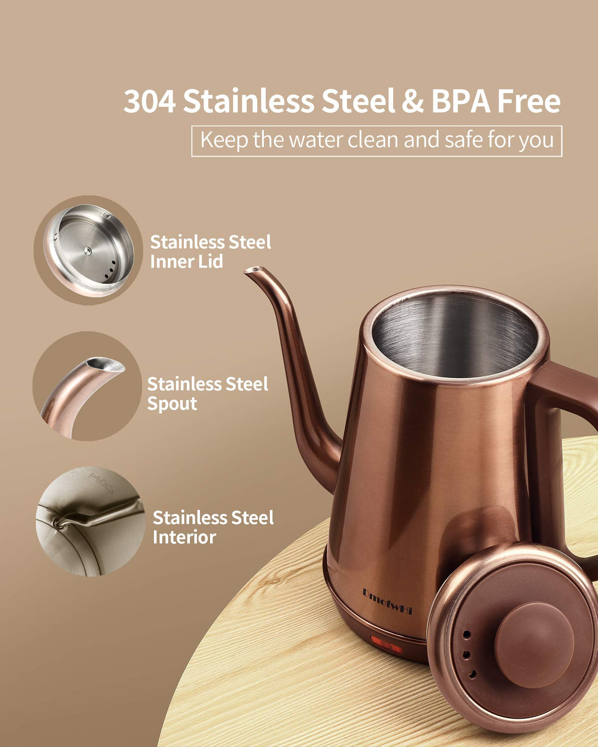 Fast boil with 1000W power in the DmofwHi gooseneck kettle