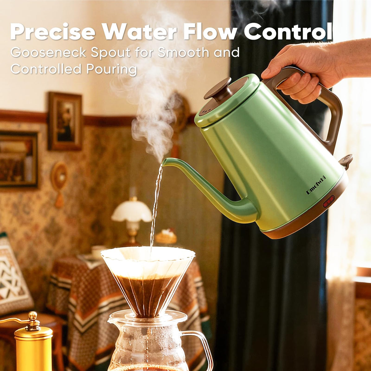 DmofwHi kettle with ergonomic handle for a comfortable grip.
