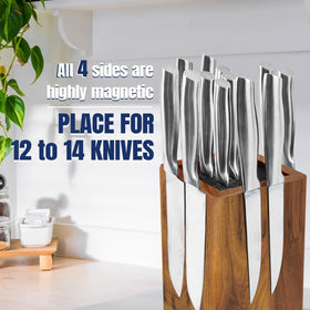 Dmore acacia wood knife block closeup showing premium blade-friendly finish