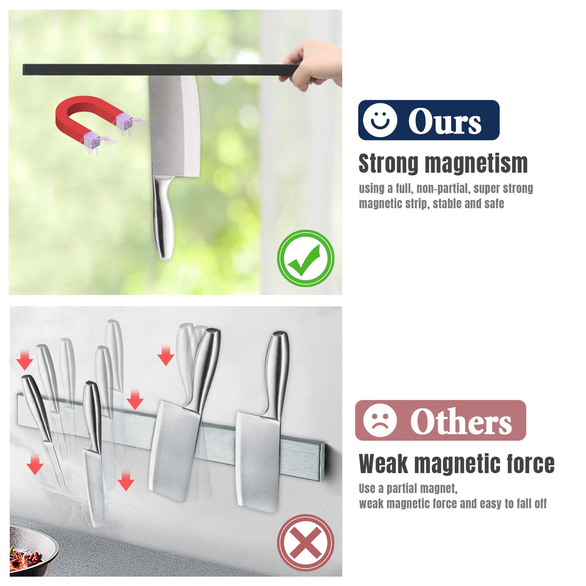 Dmore knife-strip 20-inch black, sturdy magnetic hold for heavy kitchen tools.