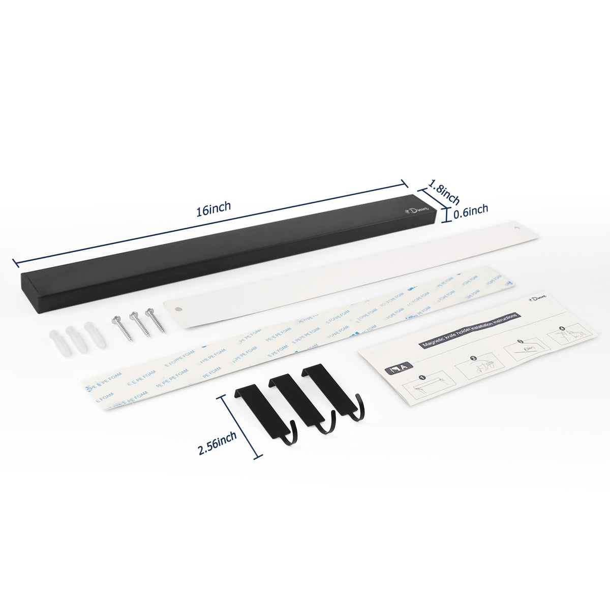 Dmore packaging includes adhesive tape and screws for versatile mounting