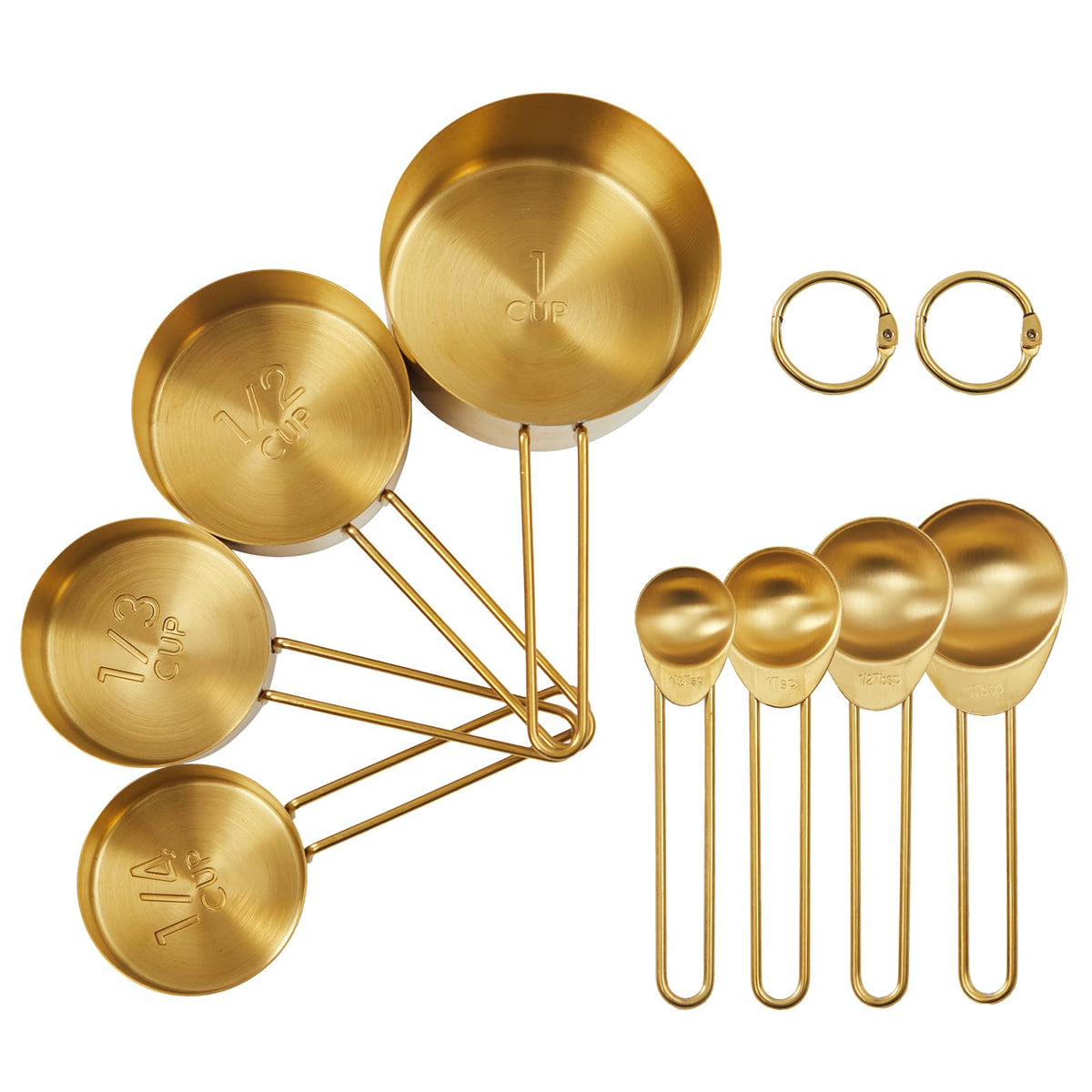 DN Deconation golden measuring cups set for precise kitchen measurements in liquids and dry ingredients.