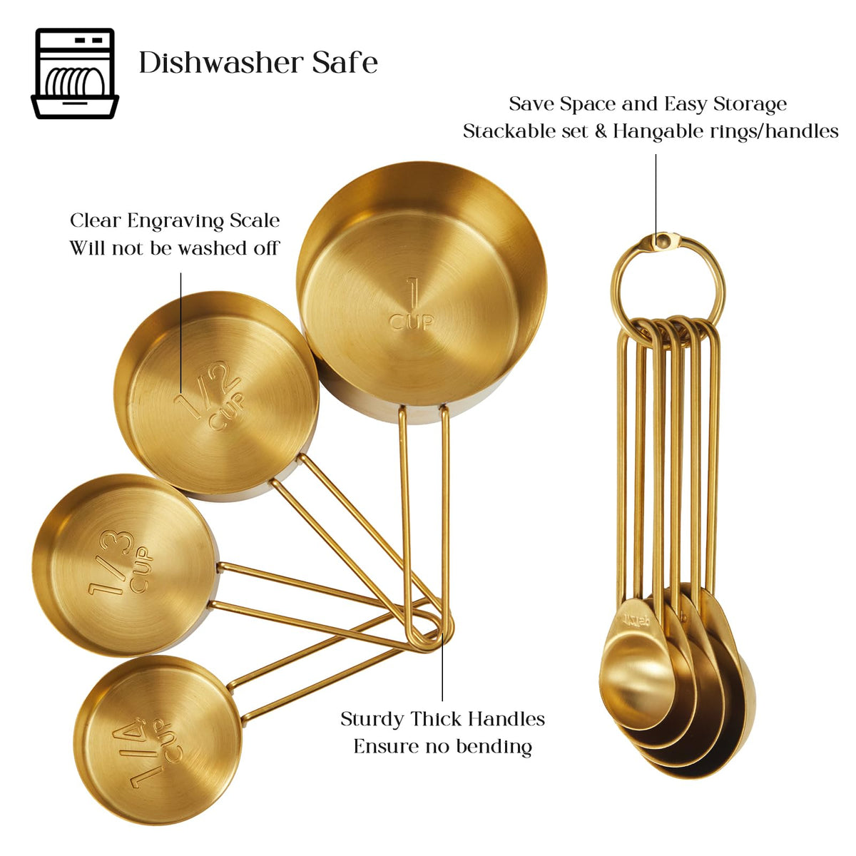 DN Deconation stackable golden cups save space in compact kitchens.