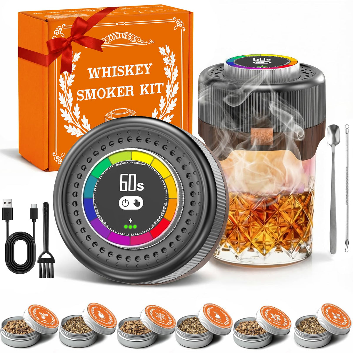 DNIWS Electric Whiskey Smoker Kit timer dial shows precise smoke control for infusions.