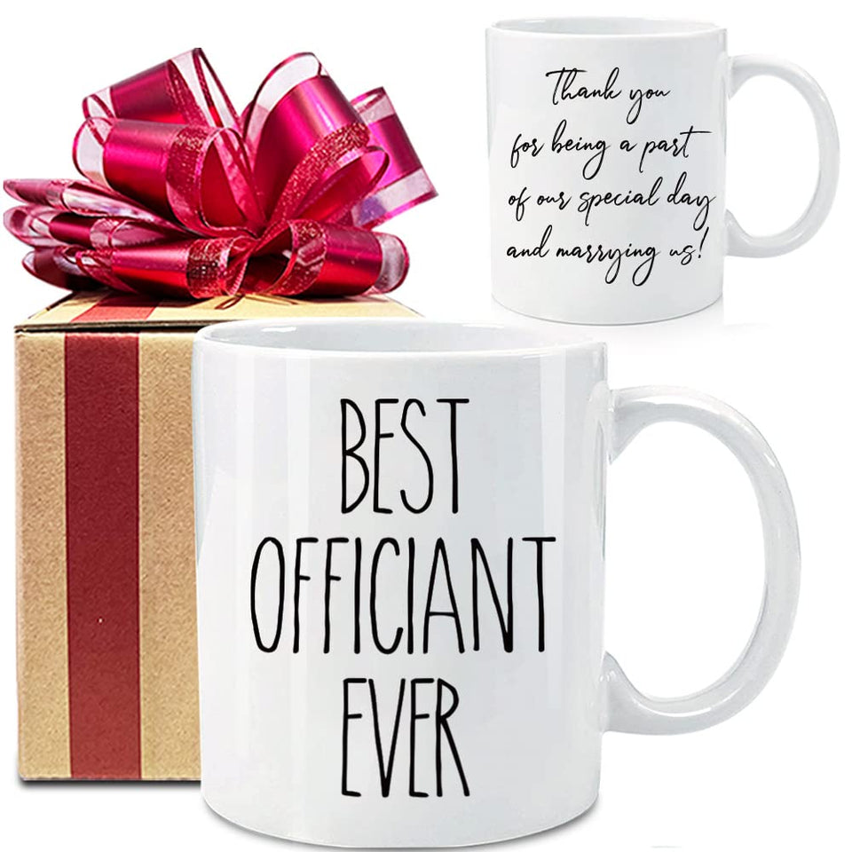 Dnuiyses wedding officiant mug displaying Best officiant ever, ideal as a heartfelt gift.
