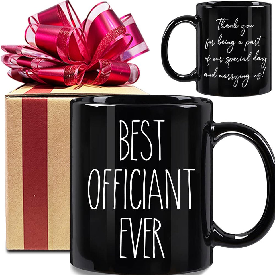 Dnuiyses wedding officiant mug front view with Best officiant ever message.
