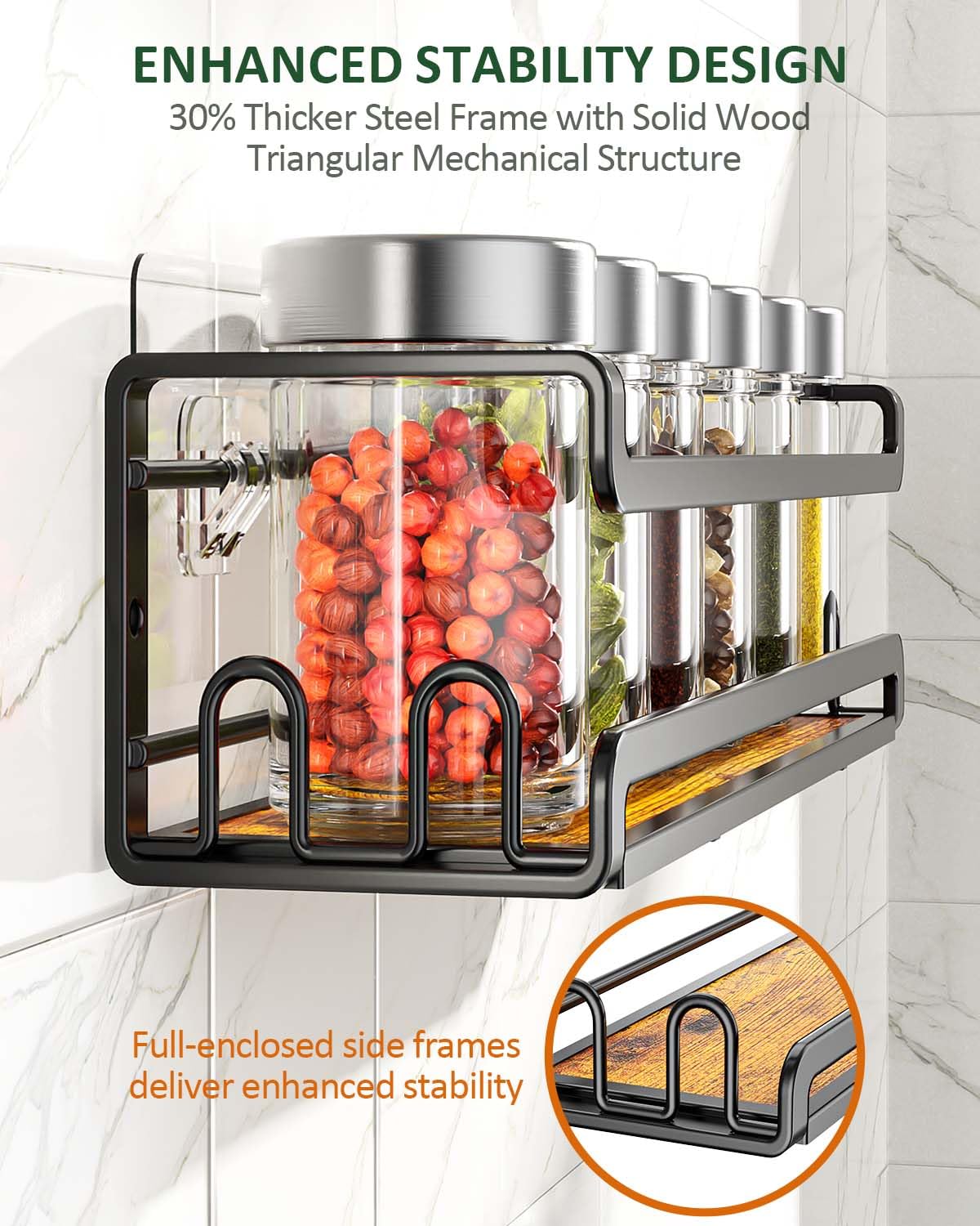 Close-up of Doakhirmit spice rack with durable powder coating and hook layout