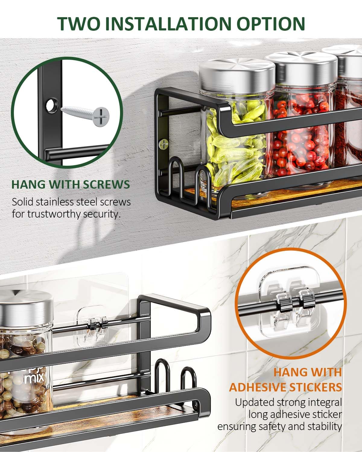 Doakhirmit spice rack on a cabinet organized with jars neatly