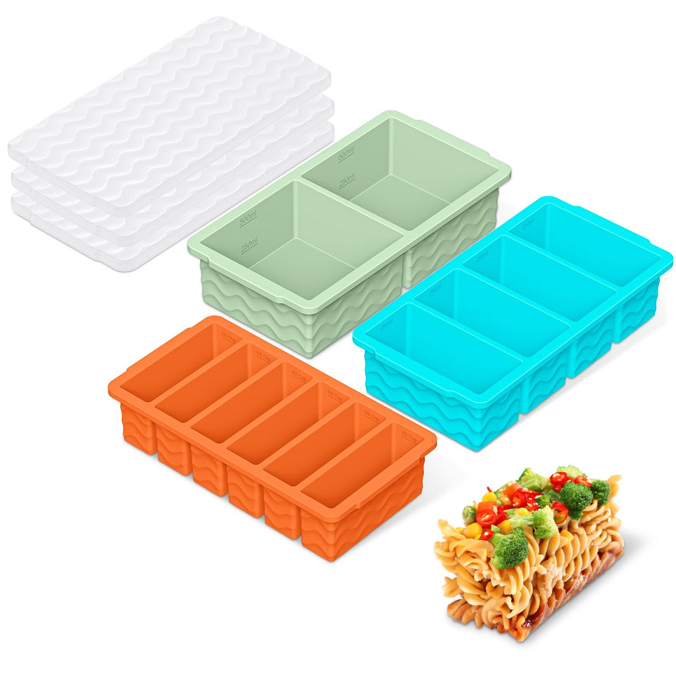 Doasuwish 3-pack silicone freezer trays with lid, front view, ideal for organized meal prep.