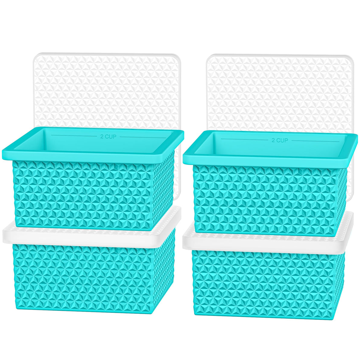 Doasuwish silicone freezer molds show 2-cup cubes with airtight lid for easy portioning.