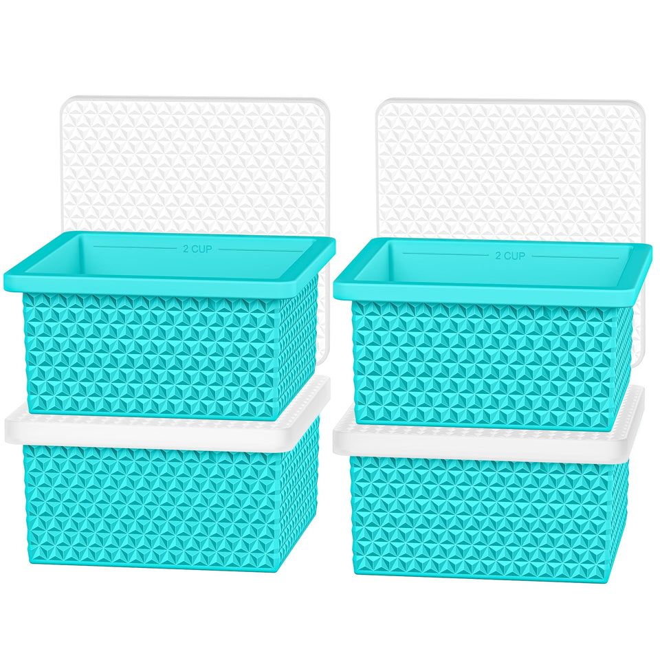 Doasuwish silicone freezer molds show 2-cup cubes with airtight lid for easy portioning.