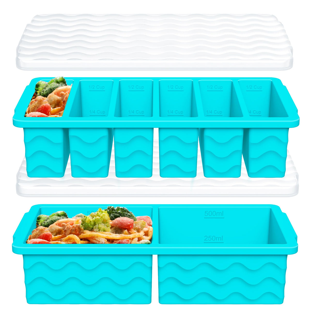 Doasuwish silicone freezer tray with lid showing two-cup sections for meal prep