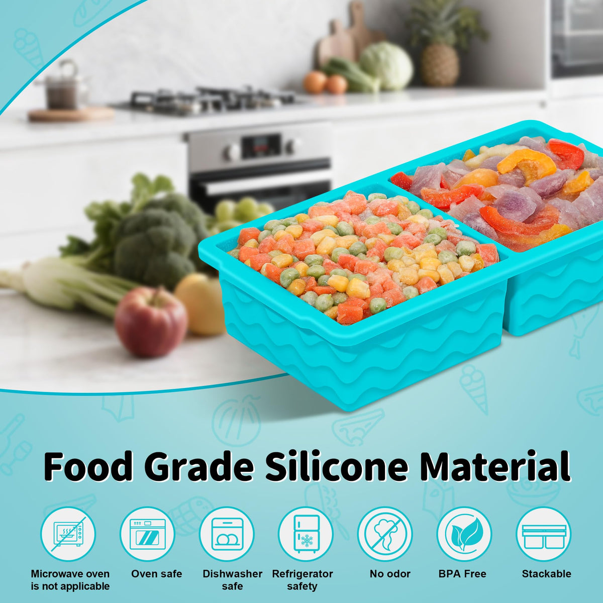 Doasuwish silicone freezer tray with lid demonstrating sturdy stackable design.