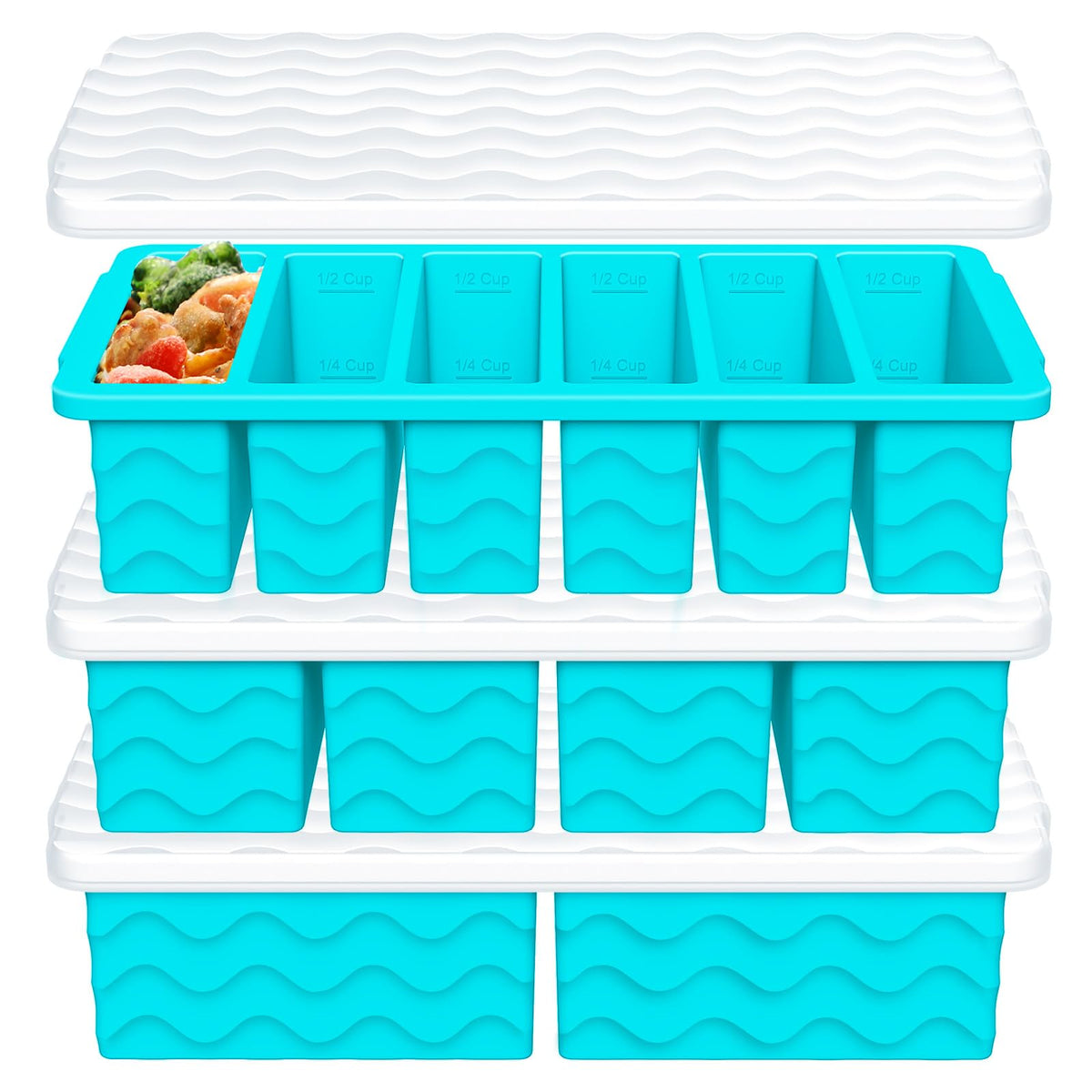 Doasuwish silicone freezer tray with lid showing two-cup portions for meal prep.