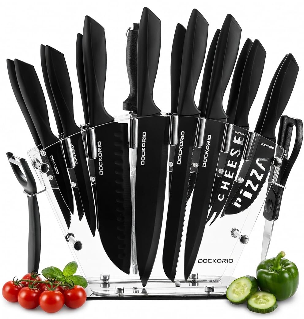 Dockorio knife set block stand demonstrates organized, space-saving storage for easy access.