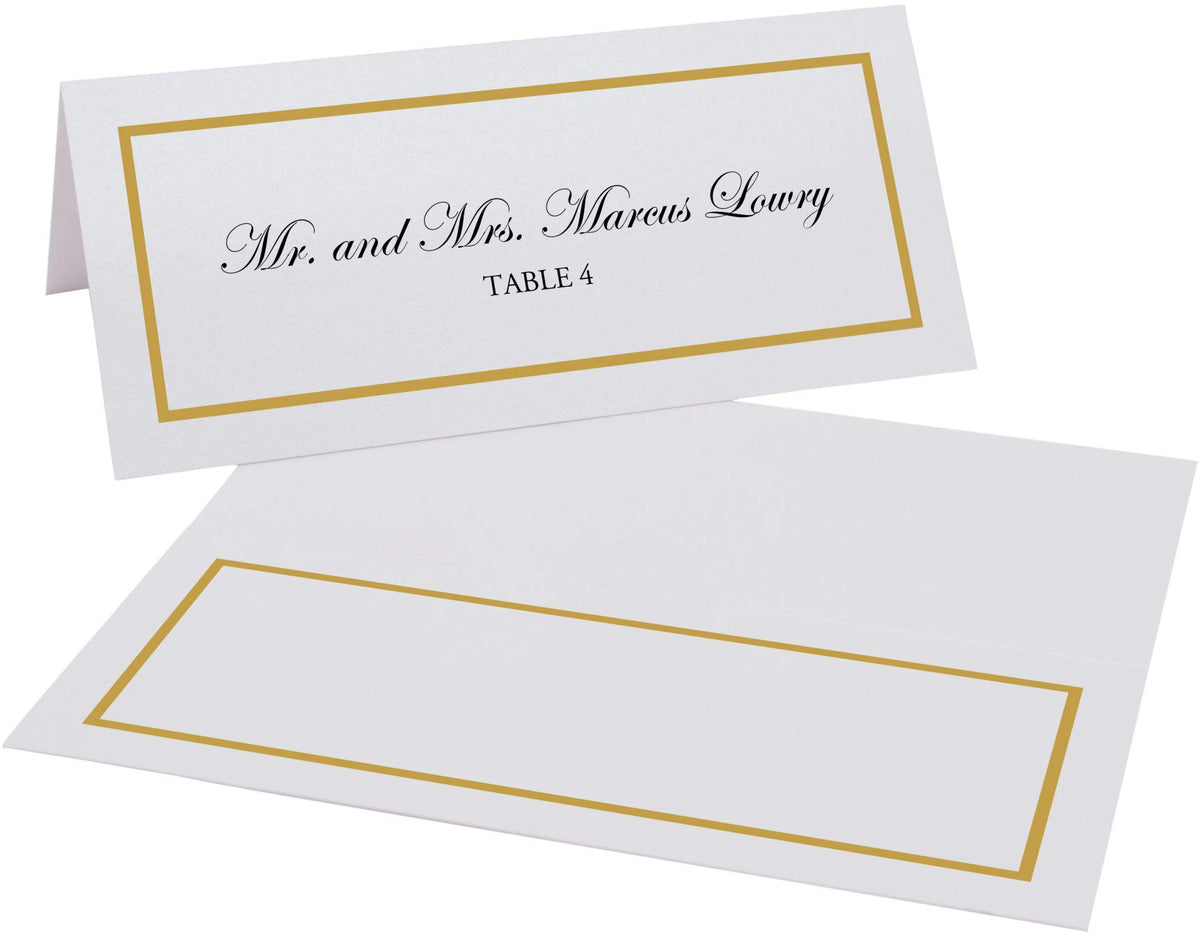 Documents and Designs gold-bordered place card on a formal table setting.