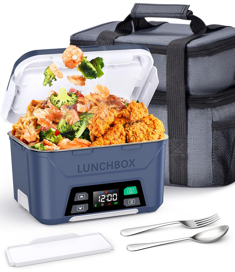Docusvect rechargeable lunch box with battery display enables on-the-go meals at work.