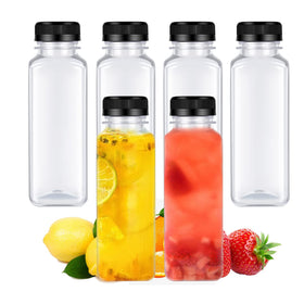 Dodheg 6-pack 14 oz juice bottles with leak-proof lids for on-the-go beverages.