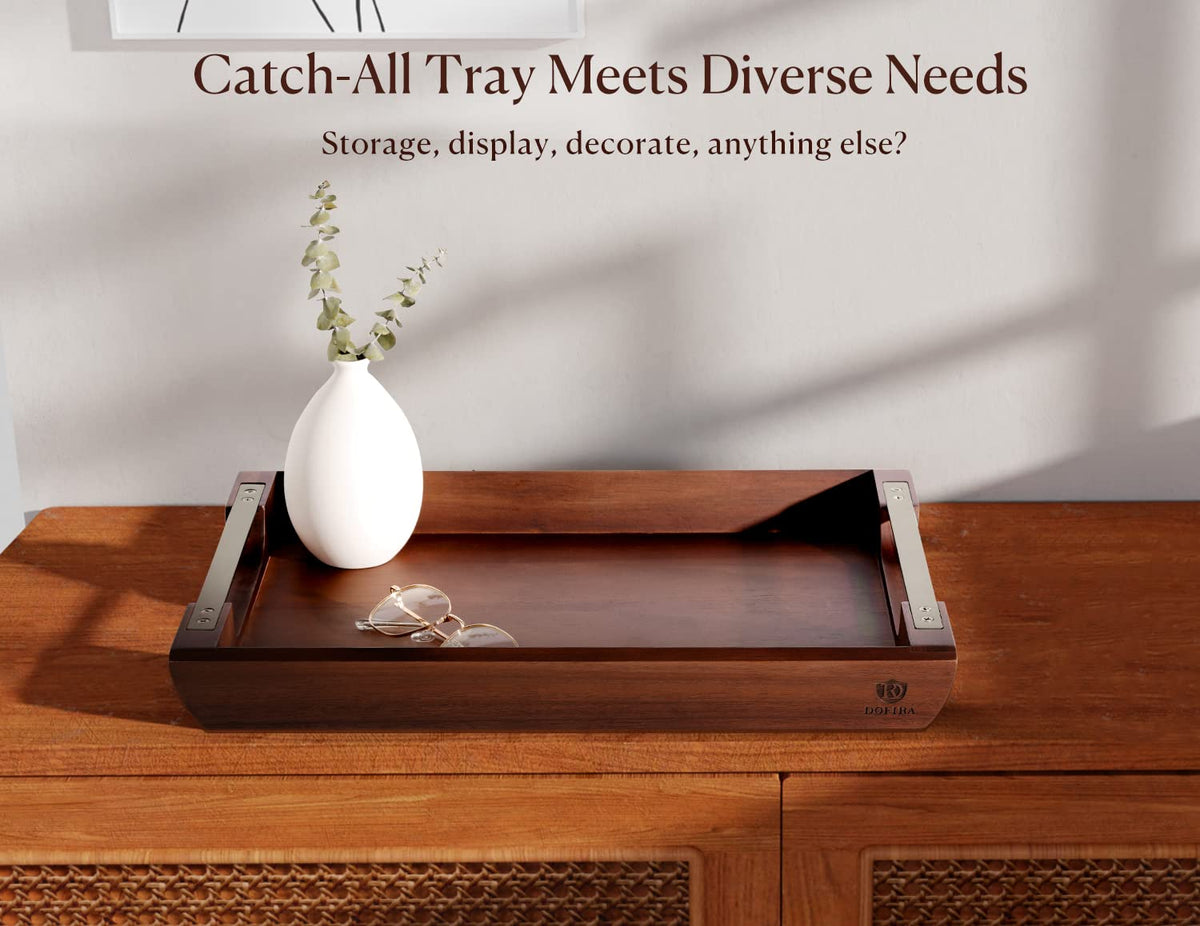 Dofira acacia tray with raised edges prevents spills and keeps items secure