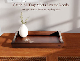 Dofira acacia tray with raised edges prevents spills and keeps items secure