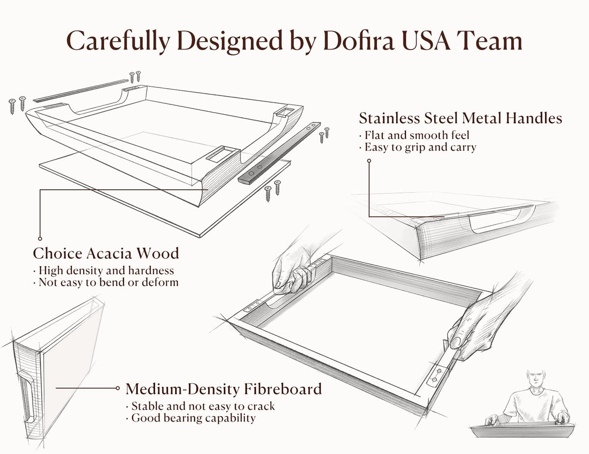 Dofira acacia tray on kitchen counter enhances organization and decor
