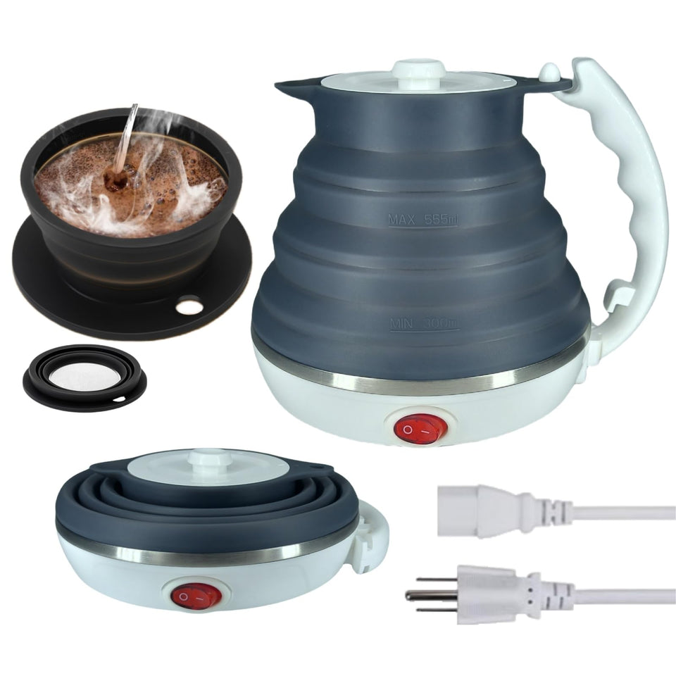 DOFQQG travel electric kettle folded for compact packing and on-the-go brewing.
