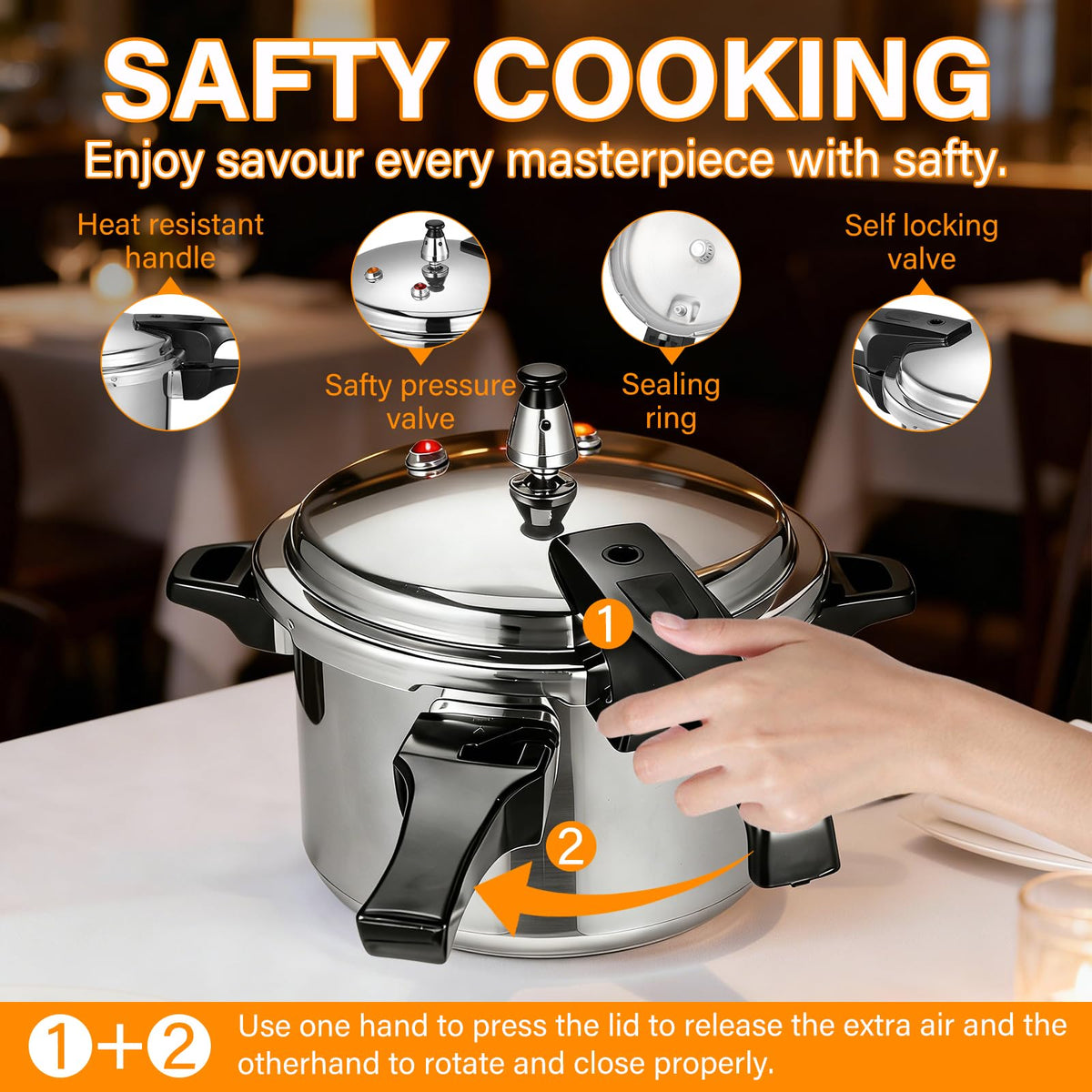 DOITOOL pressure cooker with ergonomic handle and easy-lock lid for safe operation.