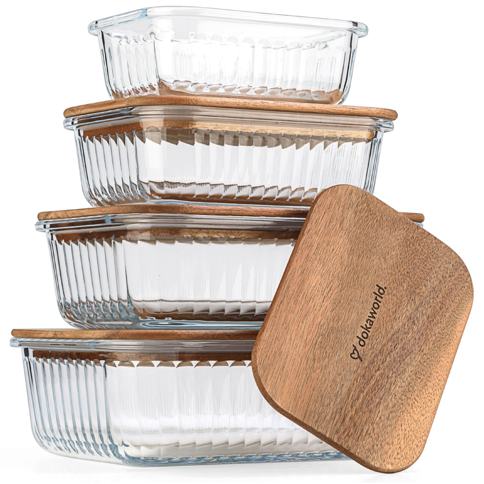 dokaworld stackable glass bowls with lids for compact meal prep and fridge storage.