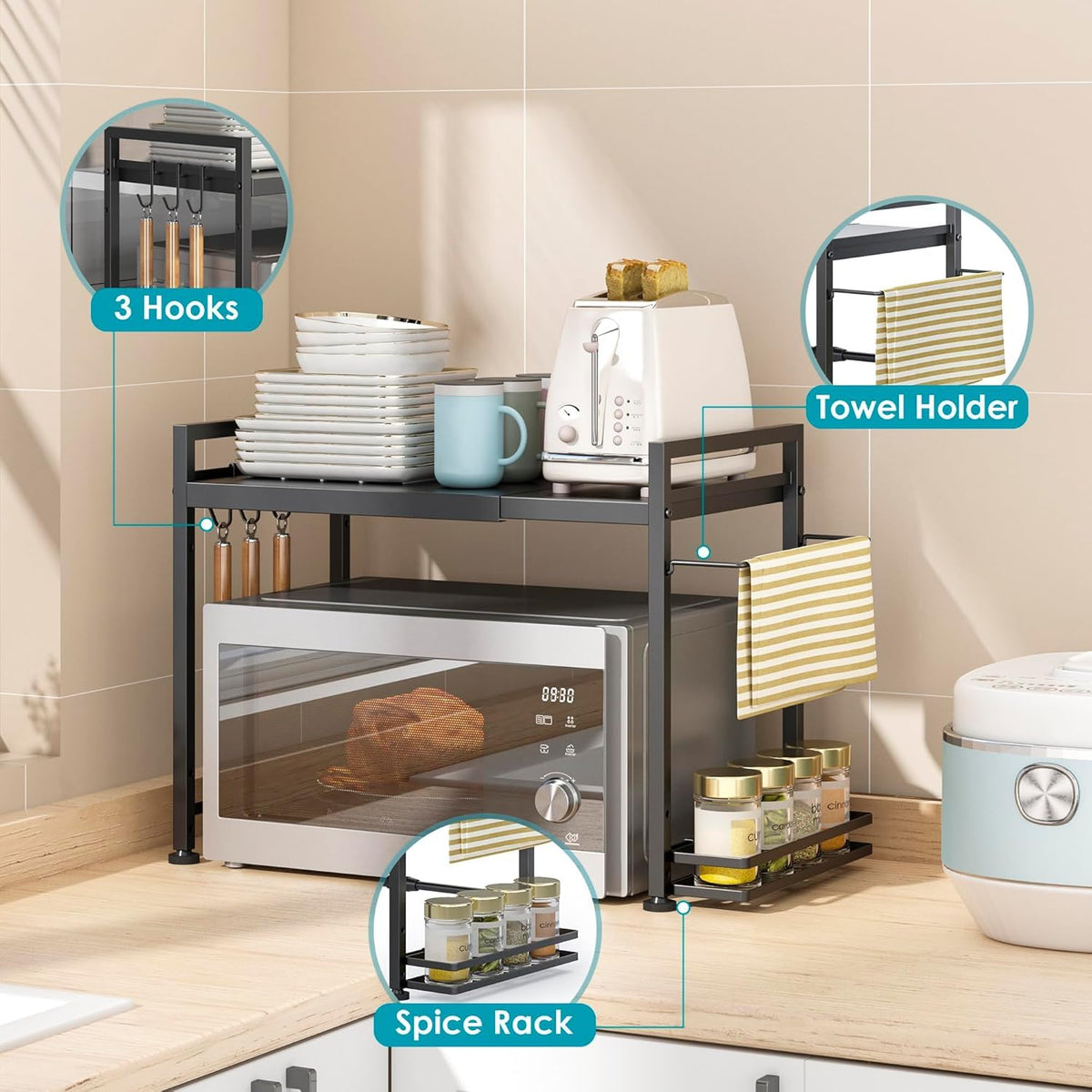 Dolalike kitchen organizer keeps countertops neat above the microwave.