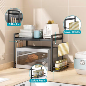 Dolalike kitchen organizer keeps countertops neat above the microwave.