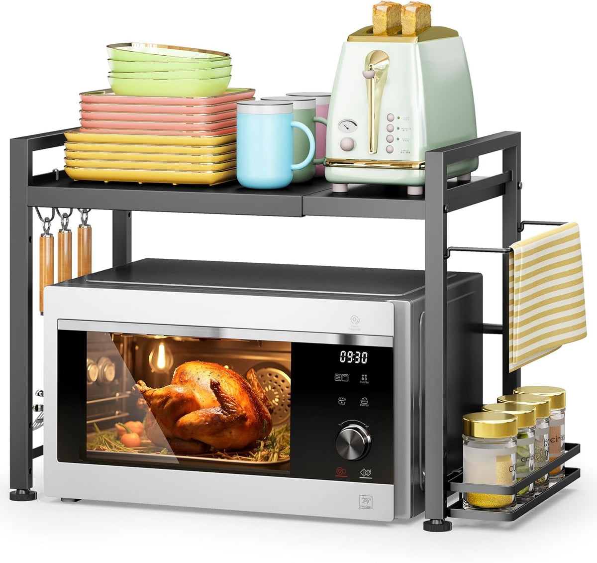 Dolalike extendable microwave oven rack over-counter design for space efficiency.