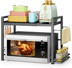 Dolalike extendable microwave oven rack over-counter design for space efficiency.