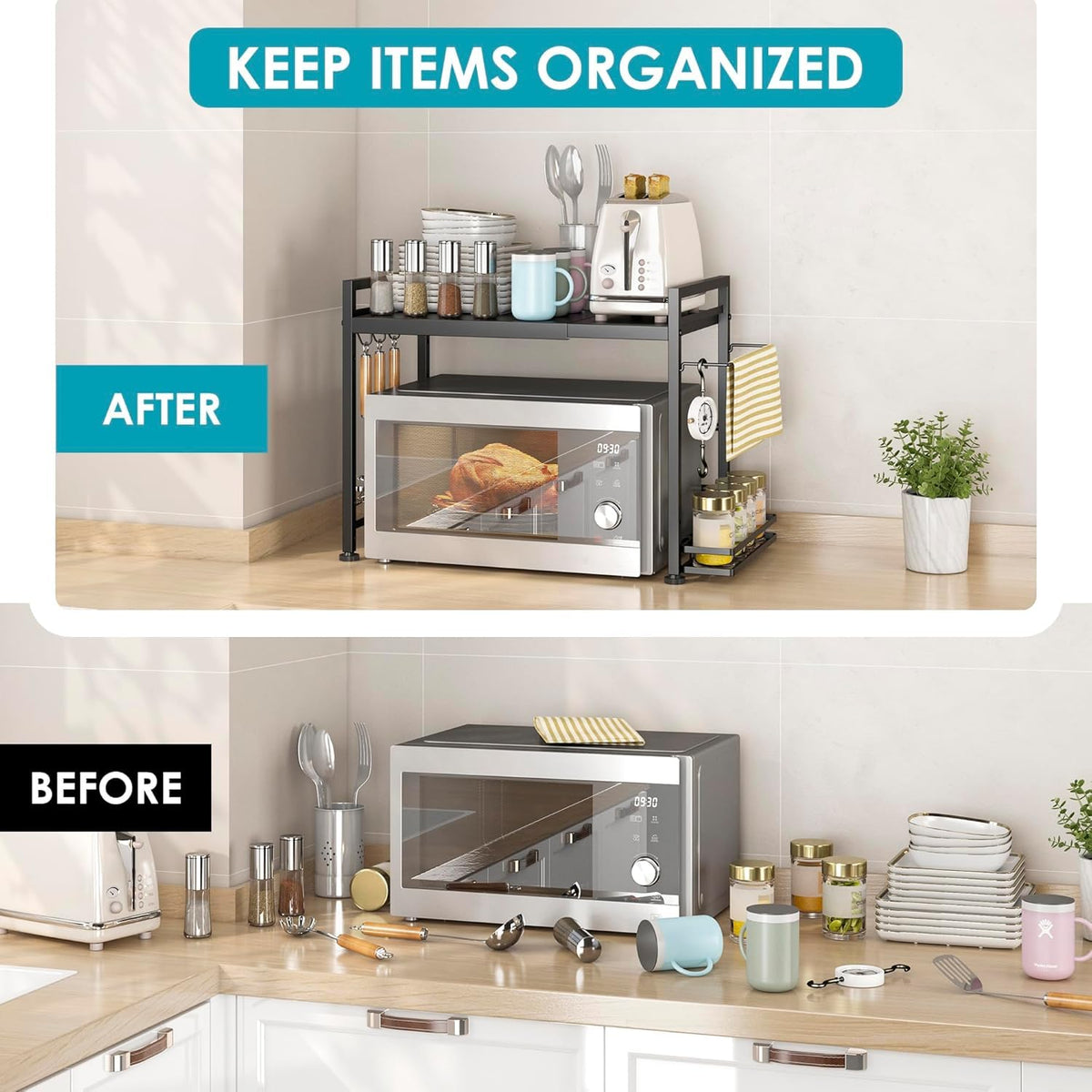 Dolalike two-tier stand with three hooks optimizes utensil storage.