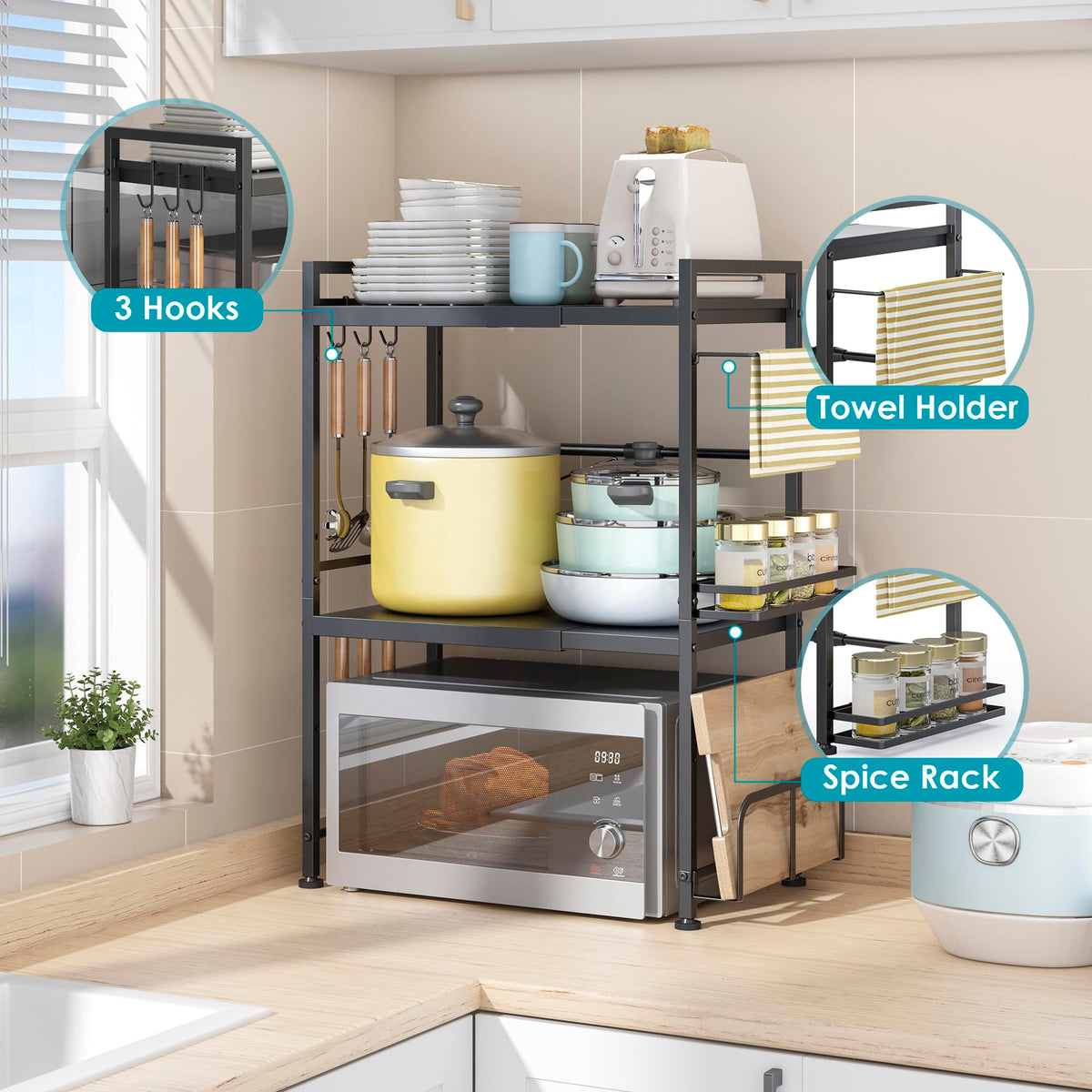 DOLALIKE microwave stand with 6 hooks for utensils and tools.