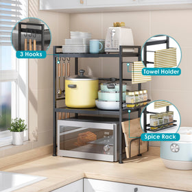 DOLALIKE microwave stand with 6 hooks for utensils and tools.