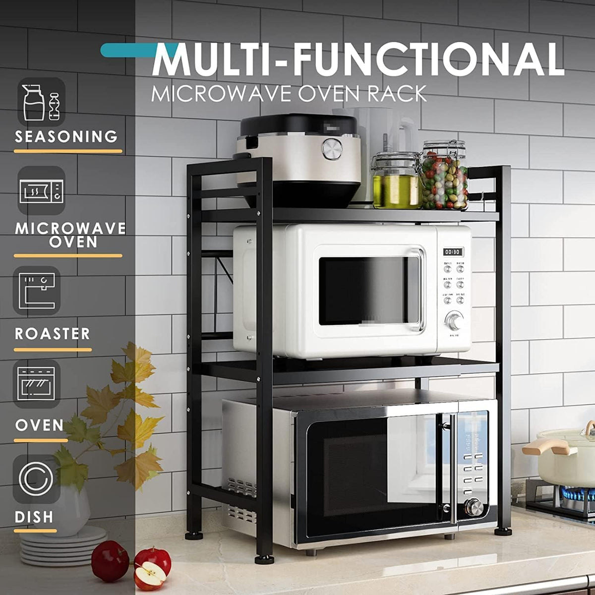 DOLALIKE over-microwave shelf with 3 hooks keeps utensils organized.