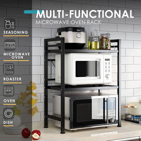 DOLALIKE over-microwave shelf with 3 hooks keeps utensils organized.
