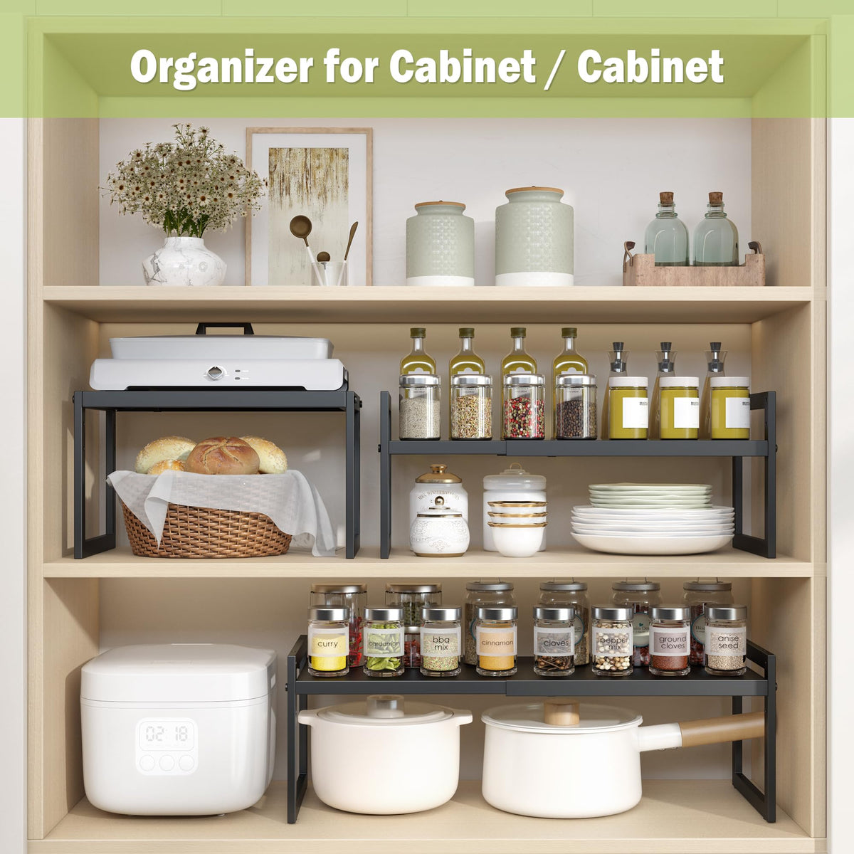 DolaliKE stackable cabinet shelf enables vertical storage in tight pantries.