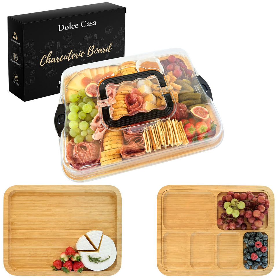 Dolce Casa charcuterie board with lid and handle for easy transport.