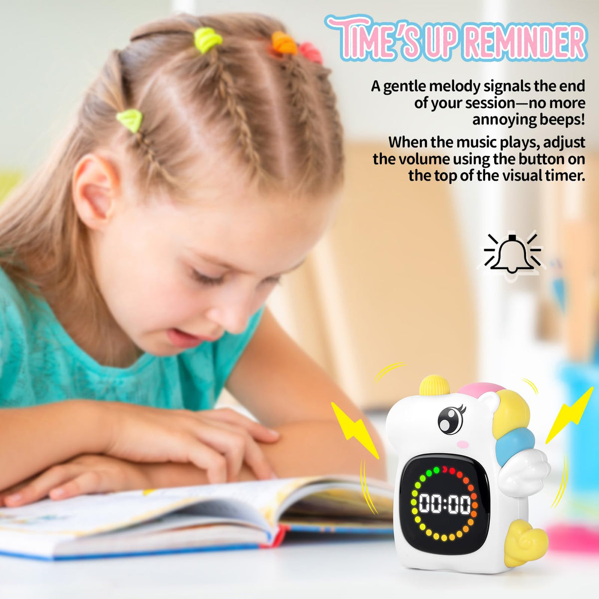 DoliWish unicorn visual timer on a desk as a playful learning accessory.
