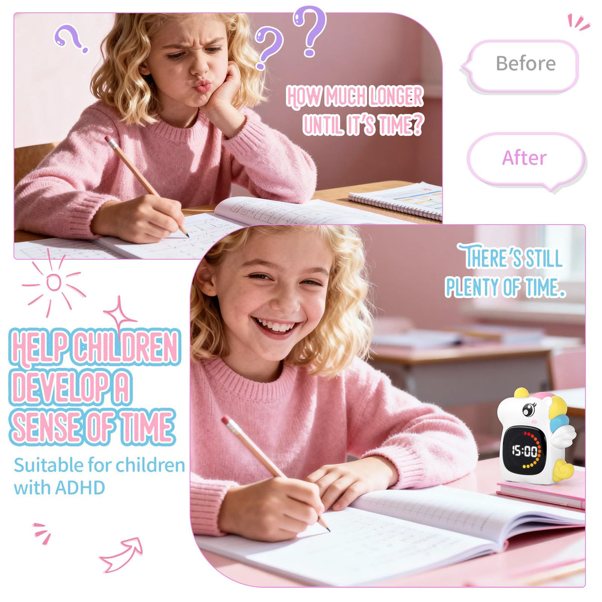DoliWish unicorn timer volume control for quiet study or busy spaces.