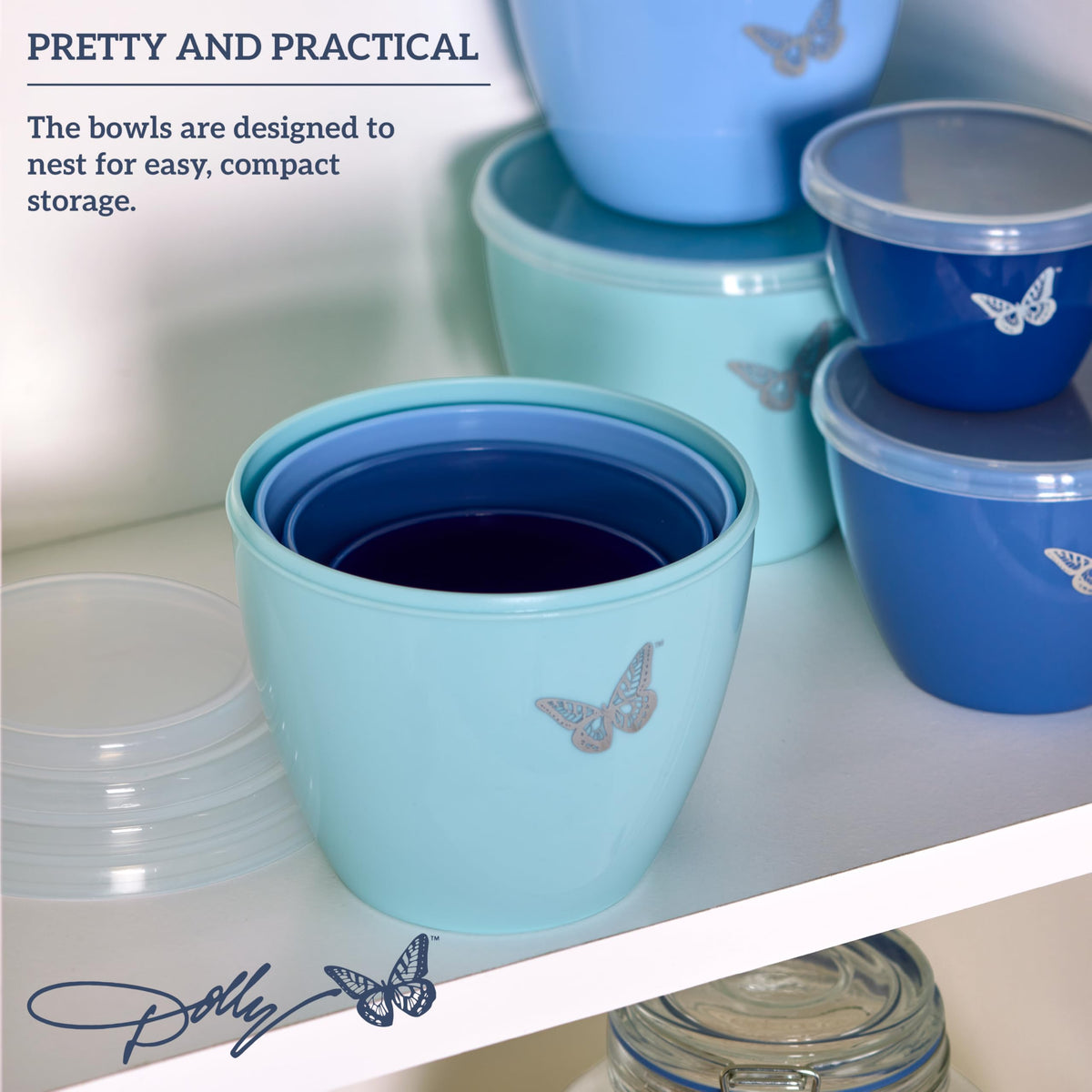 Dolly Parton Prep Bowl 4-cup with lid and butterfly detail for storage.