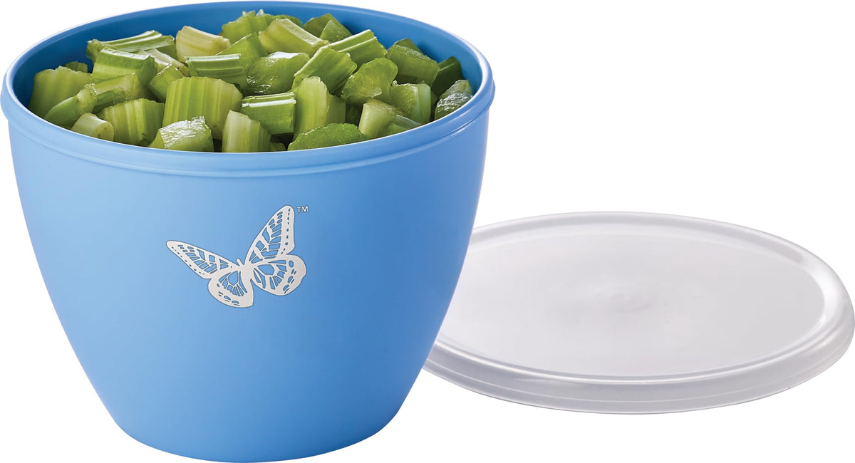Dolly Parton Prep Bowl stackable blue butterfly set saves cabinet space.